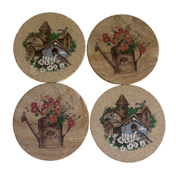 Thirstystone Sandstone Coasters With Birdhouse/Watering Can Design Cork Back - Picture 1 of 4